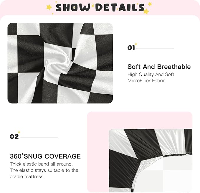 Checkered Black Crib Sheets Standard Crib Toddler Mattresses Cover Fitted Baby Bed Sheet Breathable Crib Mattress Sheet for Girls Boys 39''x27''x9''