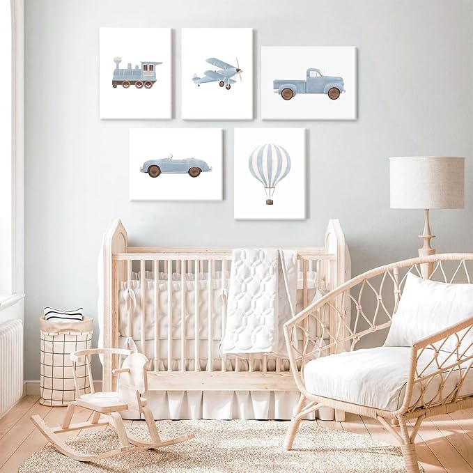 Blue Car Wall Art Decor Boys Room Canvas Poster Vintage Train Transportation Wall Art Watercolor Toddler Art Prints Blue Car Pictures Painting for Boy Bedroom Kids Nursery 12x16 Inch Framed Set of 5