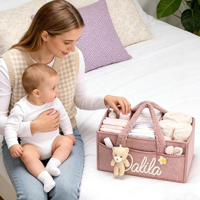 Personalized Baby Diaper Caddy Organizer with Name, Custom Portable Changing Mat Diaper Caddy for Boy Girl, Baby Essentials Storage Basket with Removable Dividers Gift for Newborn Caddie Car Travel