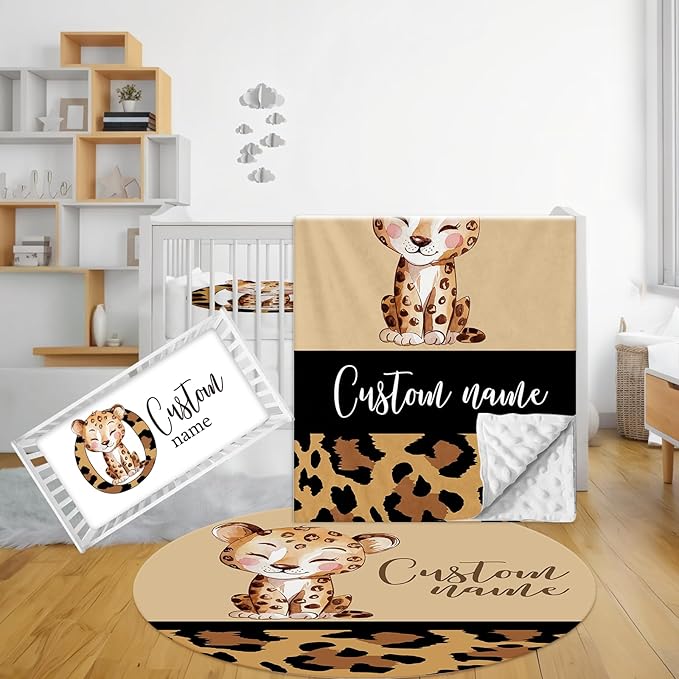 Personalized Baby Bedding Set - 3 Pcs Custom Name Crib Bedding Set for Nursery, Soft Baby Crib Set with Double Layer Blanket for Boy Girl, Customized Gifts for Infant Toddler, Brown Leopard