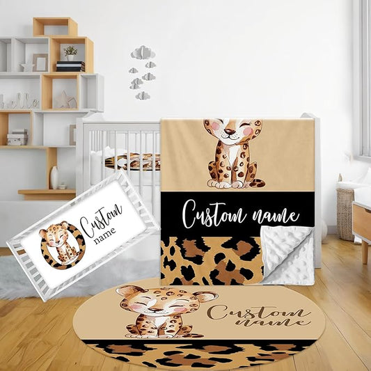 Personalized Baby Bedding Set - 3 Pcs Custom Name Crib Bedding Set for Nursery, Soft Baby Crib Set with Double Layer Blanket for Boy Girl, Customized Gifts for Infant Toddler, Brown Leopard