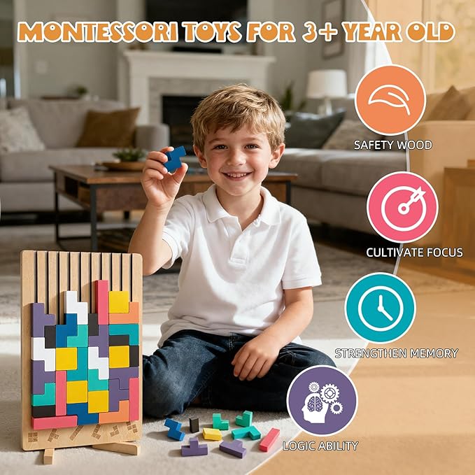 Montessori Wooden Stacking Puzzle Toy, Colored 3D Russian Block Stacking Jigsaw Puzzle Toy, Giant Building Block Board Game Educational Toys for Kids Brain Teasers for Toddlers 3-6 Years
