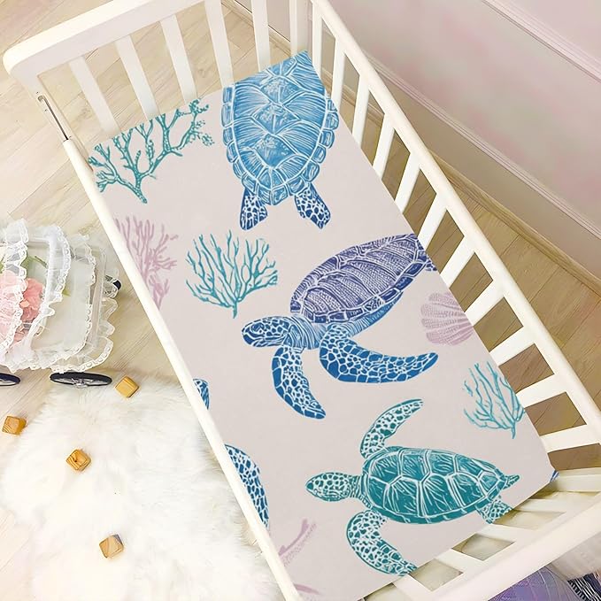 Line Turtles Starfish and Coral Crib Sheets Standard Crib Toddler Mattresses Cover Fitted Baby Bed Sheet Breathable Crib Mattress Sheet for Girls Boys 39''x27''x9''