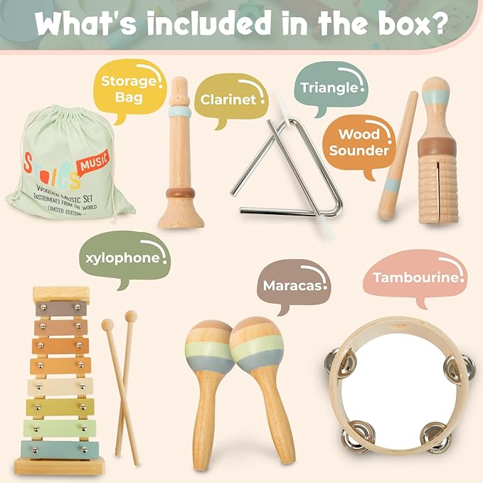 Stoie's Wooden Toddler Musical Instruments with Xylophone, Maracas, Triangle, Tamburine for Babies and Kids, Eco Friendly Montessori Educational Toy