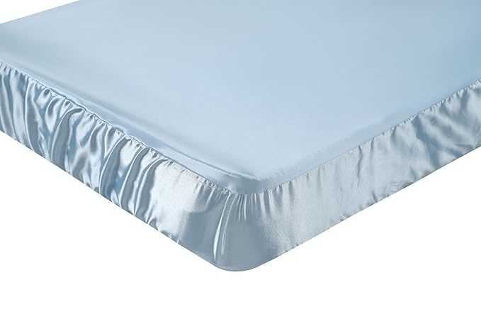 Knlpruhk Silk Fitted Crib Sheet 28" x 52" Surface (100% Pure Mulberry Silk) – 9" Deep Pocket (Satin) for Baby Hair 19 Momme 6A High Grade Fibers Ultra Soft Smooth Breathable Lt Blue