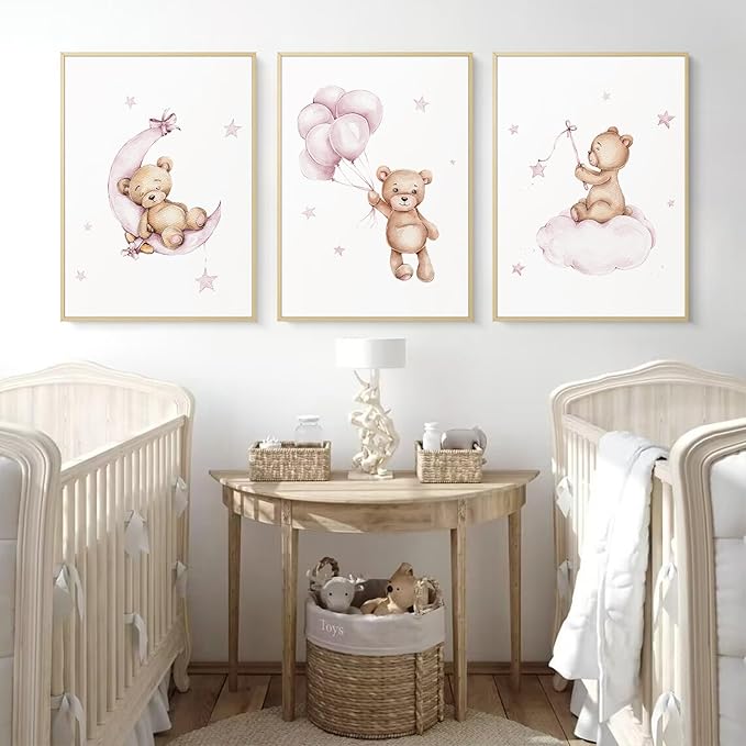 Bear Nursery Wall Art Decor Set of 3 Teddy Bear Wall Art Baby Girl Canvas Wall Decor Pink Pictures Balloon Nursery Children Prints Artwork Moon Star Cloud Art for Boys Room Bedroom 12x16 Inch Framed