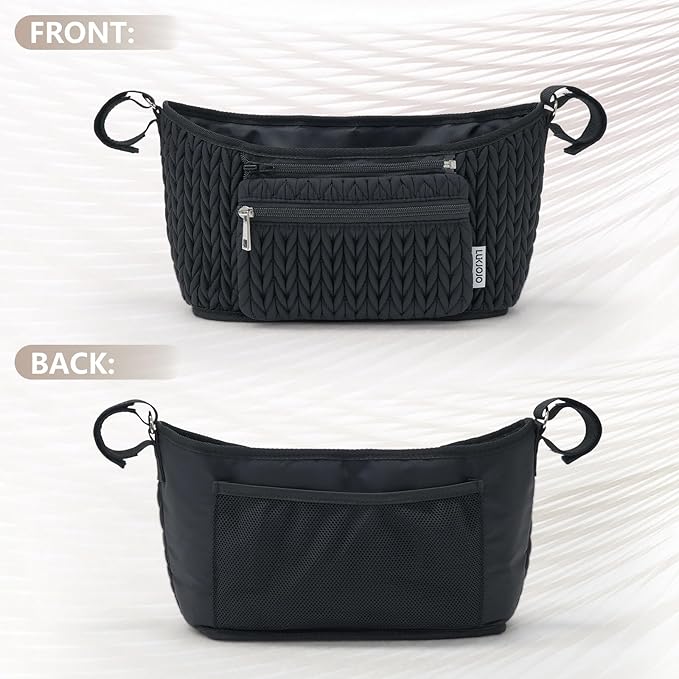 LUKJOJO Stroller Organizer - Stylish Quilting Nylon, Universal Fit, Detachable Bag, Adjustable Multi-Storage for Baby Stroller and Pet Stroller（Black-A