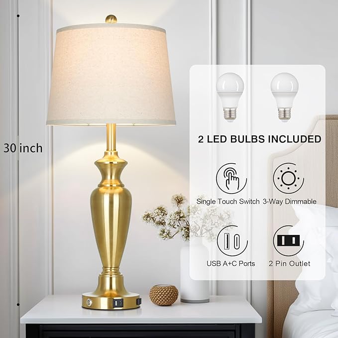 luxeflow Gold Table Lamp for Living Room Single, 30″ Tall Touch Control Bedside Lamp for Nightstand, 3-Way Dimmable Bedroom Lamp with USB A+C Ports and AC Outlet (1 Pack)