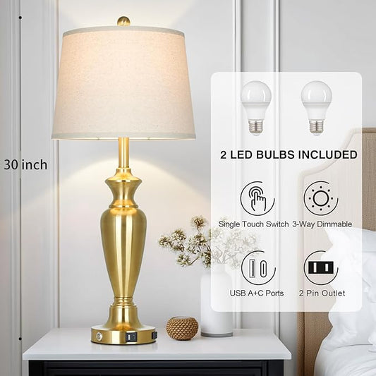 luxeflow Gold Table Lamp for Living Room Single, 30″ Tall Touch Control Bedside Lamp for Nightstand, 3-Way Dimmable Bedroom Lamp with USB A+C Ports and AC Outlet (1 Pack)
