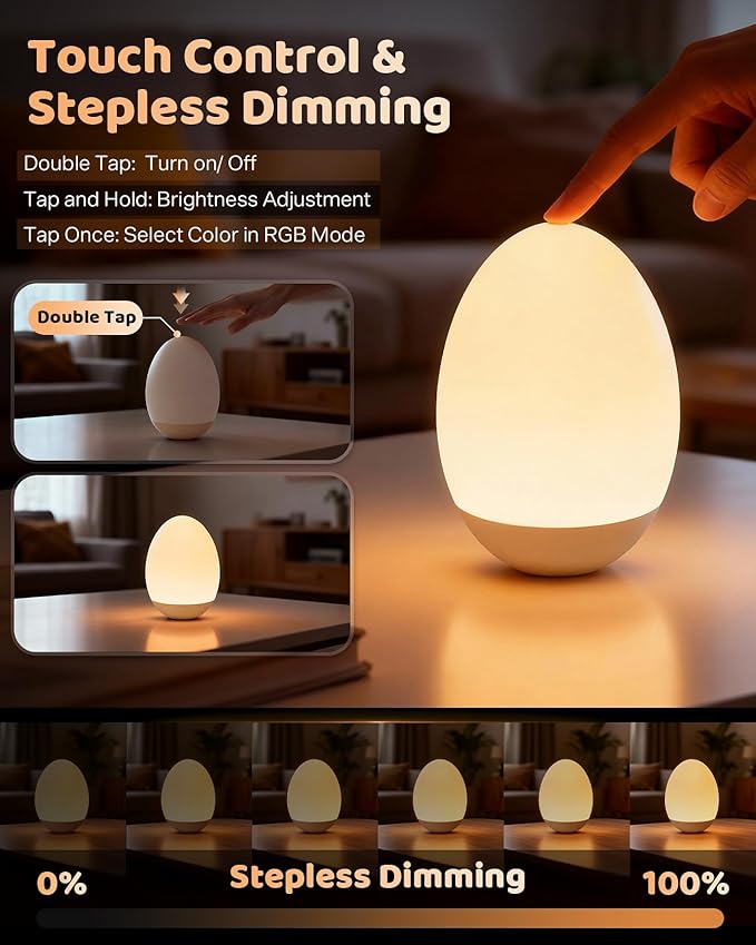 NICKLUC Egg Night Light for Nursery: Baby Night Lights Tap Lamp Stepless Dimming with Warm White and 7 RGB Colors Rechargeable Portable for Infant and Kids Bedroom Breastfeeding Sleep Aid