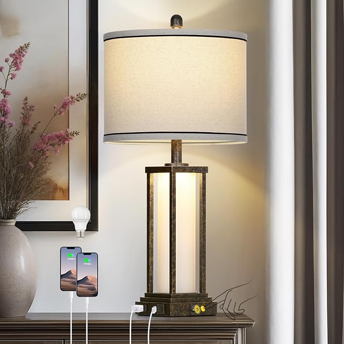 Cinkeda 27" Tall Vintage Table Lamp with USB C+A & Outlet,Bronze Industrial End Table Lamp for Living Room,Farmhouse Rustic Bedside Lamp with Frosted Glass Night Light for Bedroom Nightstand,Bronze-1P