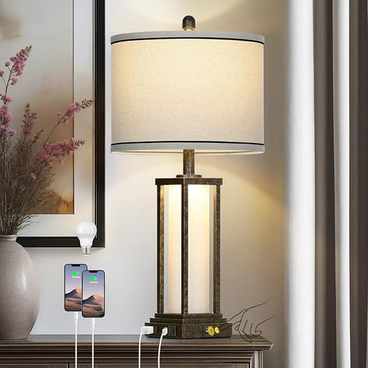 Cinkeda 27" Tall Vintage Table Lamp with USB C+A & Outlet,Bronze Industrial End Table Lamp for Living Room,Farmhouse Rustic Bedside Lamp with Frosted Glass Night Light for Bedroom Nightstand,Bronze-1P