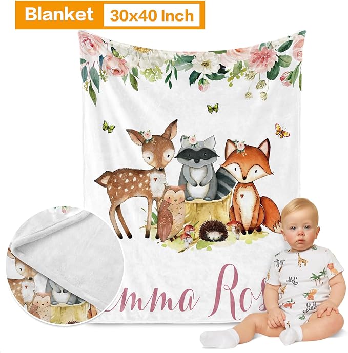 Custom Nursery Crib Bedding Set: Personalized Nursery Decor Baby Blanket Fitted Crib Sheet Changing Pad Cover Baby Room Rug Woodland Animal Fox Pattern Gift Idea(Fixed Size)