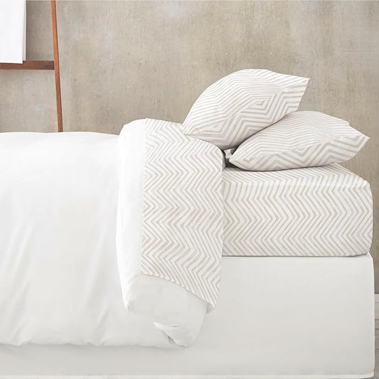 MakeMake Organics Organic Queen Fitted Sheet Set GOTS Certified Organic Cotton Fitted Sheet with Pillowcase Ultra Soft Non Toxic Breathable Hypoallergenic Colorful Neutral (Twin, Herringbone)