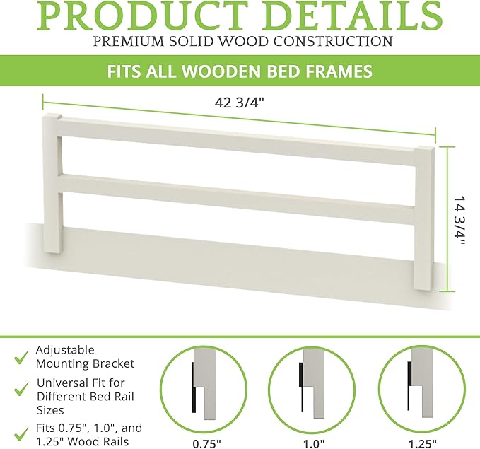 Safety Guard Rail for Baby, Kids, and Children - Solid Wood Safety Bed Rail for Toddlers - Easy Installation - Premium Protection for Bunk, Twin, Full, Queen and King Size Beds - (Vintage White)