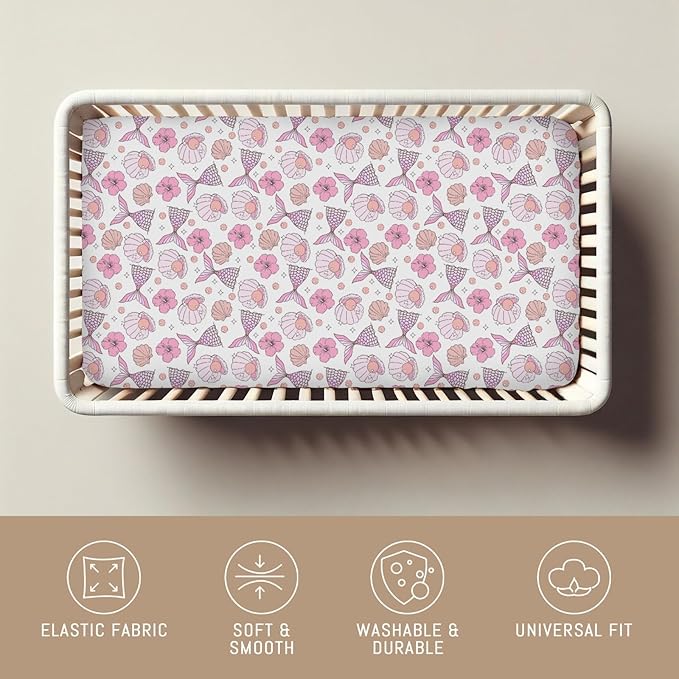 Pink Summer Mermaids Seashells Floral Baby Crib Sheets for Girls Boho Neutral Conch Pearls Soft Snug Fitted Crib Mattress Covers for 52''x28'' Standard Crib & Toddler Mattress Sea Beach Bed Sheets