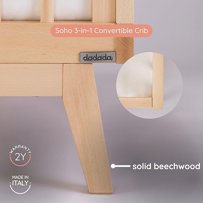 dadada Baby Soho 3-in-1 Convertible Wooden Crib to Toddler Bed - Made in Italy, GREENGUARD Gold Certified, Baby-Safe Finish, Handcrafted Beechwood, Modern Design, 3 Adjustable Heights (Natural)