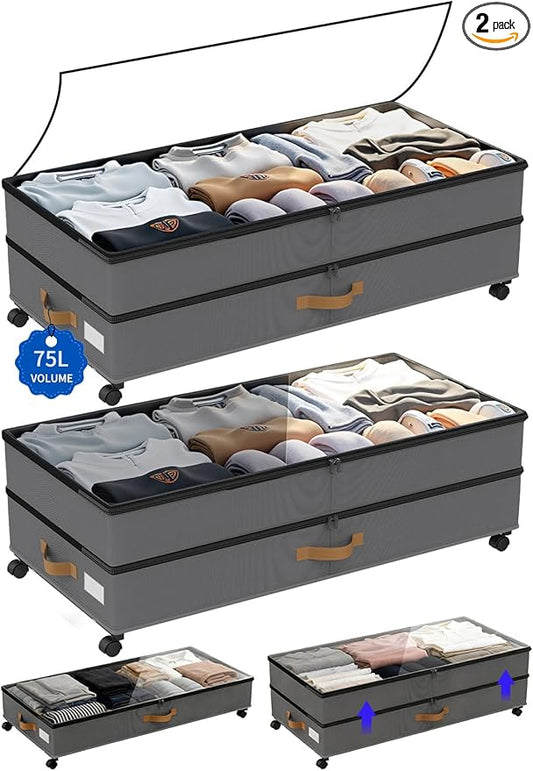 GOVEYONY Under Bed Storage with Wheels 2-Pack, 75L XXL Under the Bed Storage Containers Large, 12" Tall Adjustable Storage for Underbed with Lids, Rolling for Clothes, Shoes, Blankets (Grey)