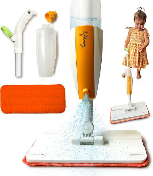 Quiggly Toddler Spray Mop – Two-Handed Design for Ages 3–5 with Real Water Sprayer – Montessori Functional Cleaning Toy Set