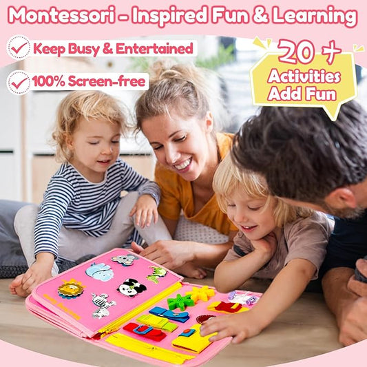 Qizfun Toddler Busy Board Montessori Toys – Sensory Busy Book, Educational Learning Travel Toy for Airplane & Car, Keeps Toddlers Engaged, Birthday Gifts for Toddler Girls