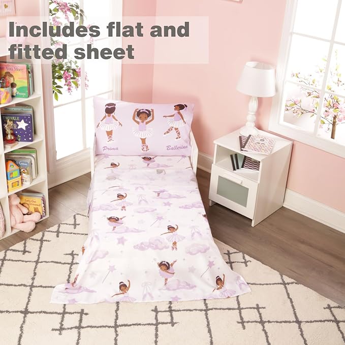 EVERYDAY KIDS 4 Piece Toddler Bedding Set – African American Ballerina - Includes Comforter, Flat Sheet, Fitted Sheet and Reversible Pillowcase – Girls Toddler Bedding