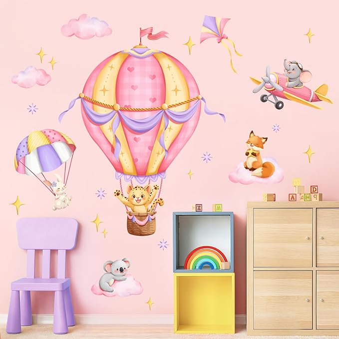 Tanlaby Pink Hot Air Balloon Wall Stickers Jungle Animals Fox Leopard Elephant Wall Decals Peel and Stick Art Decor for Baby Nursery Kids Bedroom Playroom Daycare Classroom