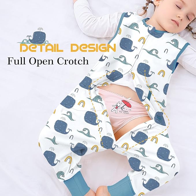 Toddler Sleeping Sack, Toddler Sleep Sack with Feet, Walker Wearable Blanket, Sleeping Bag with Legs,0.5Tog（Whale 9M-2T）