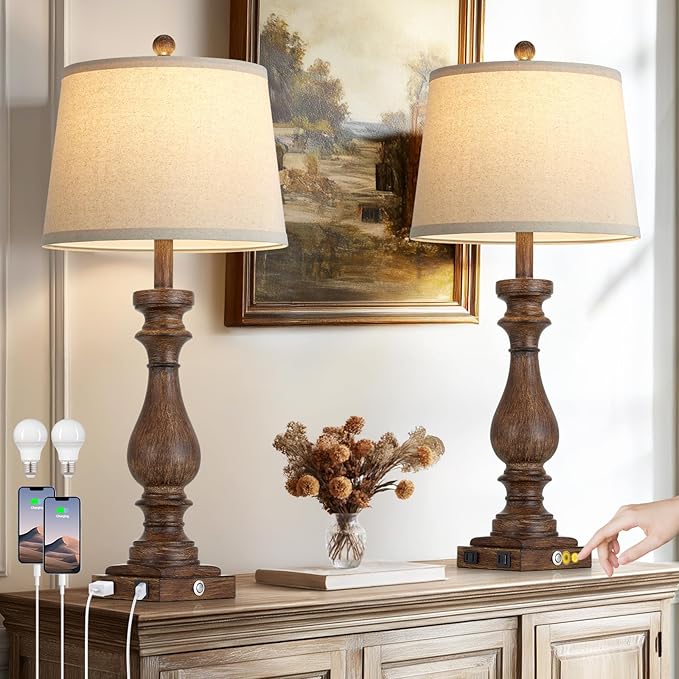 luxeflow 29" Tall Vintage Table Lamps Set of 2,Farmhouse Bedside Lamps with USB C+A Ports & AC Outlet,3-Way Dimmable Touch Lamp for Night Stands Living Room Bedroom,Brown