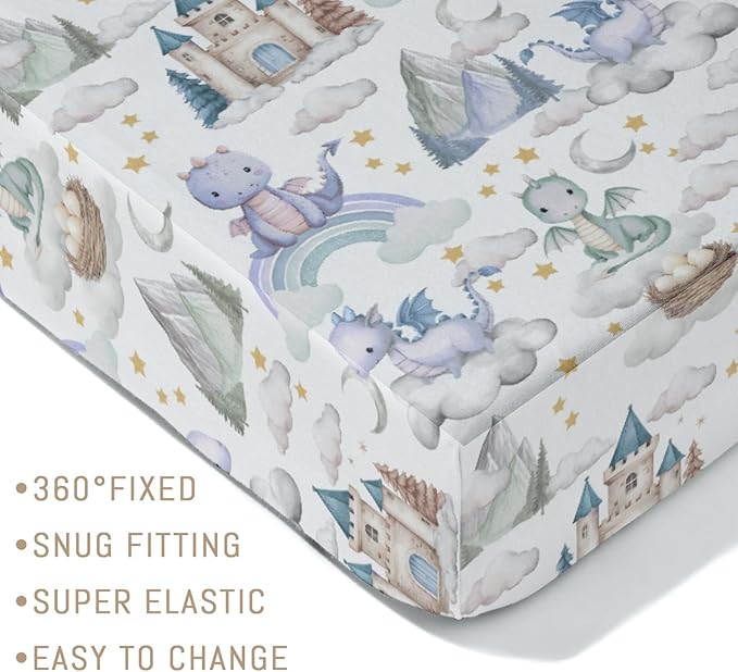 Purple Baby Dragons Crib Sheets for Boy Girl Fairytale Dragon Castle Trees Moon Rainbow Soft Stretchy Fitted Crib Mattress Cover for 52''x28'' Standard Crib & Toddler Mattress Fantasy Animal Bed Sheet