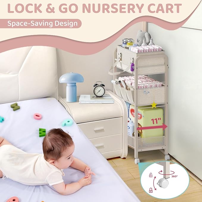 JRANBRJS Baby Diaper Caddy Organizer and Storage,2In1 Baby Cart Organizer-Baby Diaper Caddy+3 Tier Rolling Cart for Baby Nursery,Baby Bedside Cart,Easy Assembly,Beige