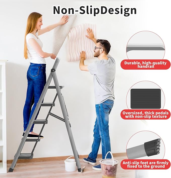 DIAMONDFORGE 5-Step Foldable Step Ladder Stool with Handle, Anti-Slip Wide Pedals & Feet, 800lbs Capacity, Sturdy Stepstool Folding for Adults in Home & Kitchen Use - Silver Gray