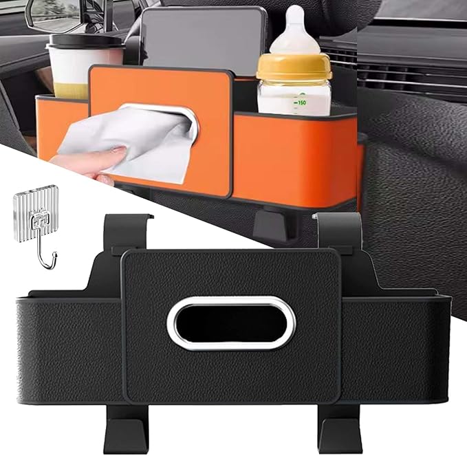 OJEYDFU 3-in-1 Car Backseat Organizer, 2026 Upgraded Multifunctional Car Seat Back Storage Box, Backseat Car Organizer with 2 Cup Holders, Tissue Box & Hooks, Universal Car Essentials (Black)