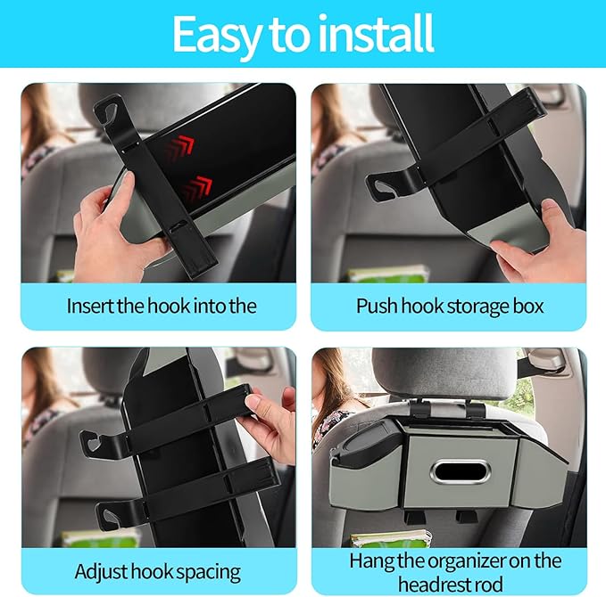 Oivjckx 7-In-1 Multifunctional Car Seat Back Organizer with Cup Holders, Tissue Box, Garbage Can & Hooks, Headrest Storage & Cup Holder for Backseat (Grey)