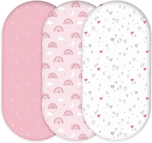 Bassinet Sheets for Baby Girl 32 * 16, 3 Pack Soft Breathable Baby Bassinet Mattress Sheets Fit for Hourglass Oval Cradle, Moses Basket Rectangle Mattress (Rainbow, Pink)