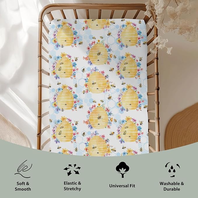 Bee Harmony Baby Crib Sheets for Boy Girl 52"x28" Yellow Bees Honeycomb Flowers Garden Soft Stretchy Fitted Crib Mattress Cover Spring Summer Baby Sheet for Standard Crib & Toddler Bed Mattress