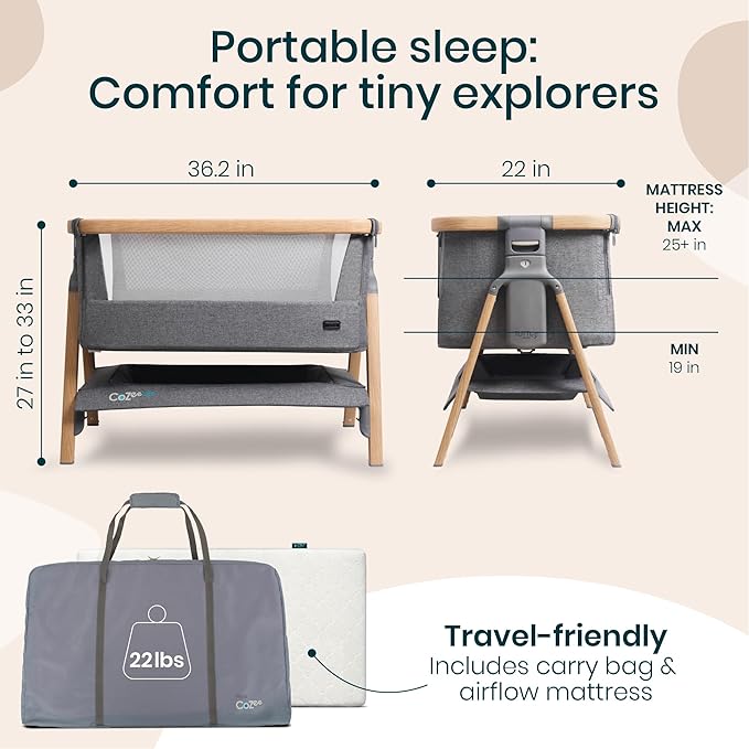 Tutti Bambini CoZee® Air Baby Bassinet & Bedside Sleeper - Rocking Bassinet for Baby, Fast-Folding with Travel Bag, Deluxe Airflow Mattress & 6 Mattress Heights, 0-6 Months (Oak & Charcoal)
