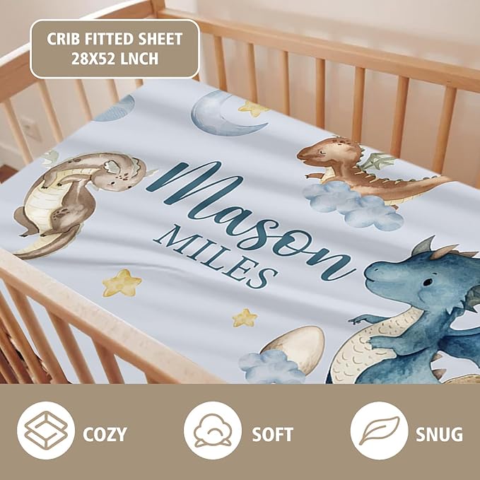 Custom Name Crib Bedding Set 3-Piece – Blue Dinosaur Design Baby Bedding Set with Personalized Soft Blanket, Fitted Sheet, Changing Pad Cover – Ideal Newborn Gift for Boys and Girls