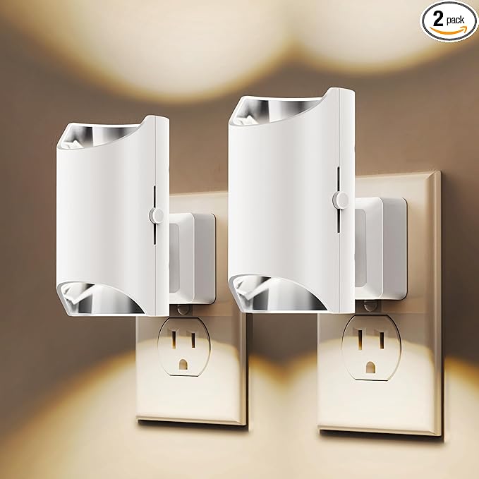 L LOHAS LED Modern Night Lights, 2 Pack, Soft White 3000K, Dimmable, Dusk to Dawn Sensor, Plug in Night Light for Bedroom, Bathroom, Hallway, Stairway