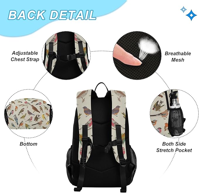 Jucciaco Vintage Birds Backpack with Lunch Bag, School Travel Backpack for Teens Boys Girls Kids Backpacks Set