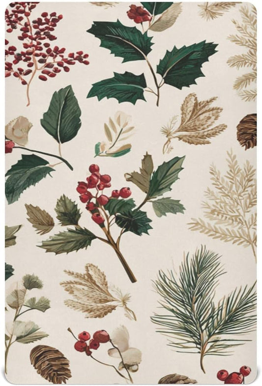 Beige Holly Leaves Pine Needles Pinecones Crib Sheets Standard Crib Toddler Mattresses Cover Fitted Baby Bed Sheet Breathable Crib Mattress Sheet for Girls Boys 52" x 28"x5''