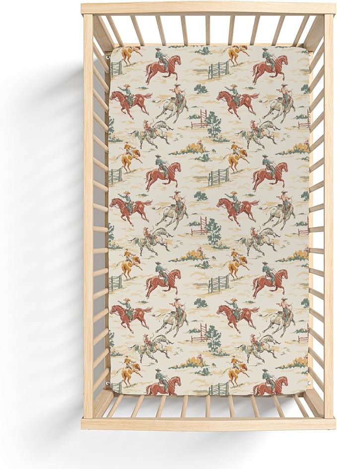 Vintage Western Cowboy Baby Crib Sheets for Boy Girl 28"x52" Retro Cowboy Horse Cactus Soft Stretchy Fitted Crib Mattress Cover Wild Desert Baby Sheet for Standard Crib & Toddler Mattress Pads