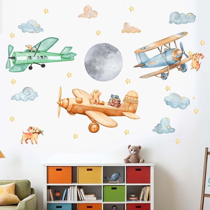 Amimagen Airplane Wall Decals - Puppy Aircrafts Wall Stickers - Kids Baby Boys Nursery Children Daycare Bedroom Playroom Wall Decor