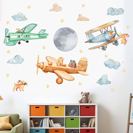 Amimagen Airplane Wall Decals - Puppy Aircrafts Wall Stickers - Kids Baby Boys Nursery Children Daycare Bedroom Playroom Wall Decor