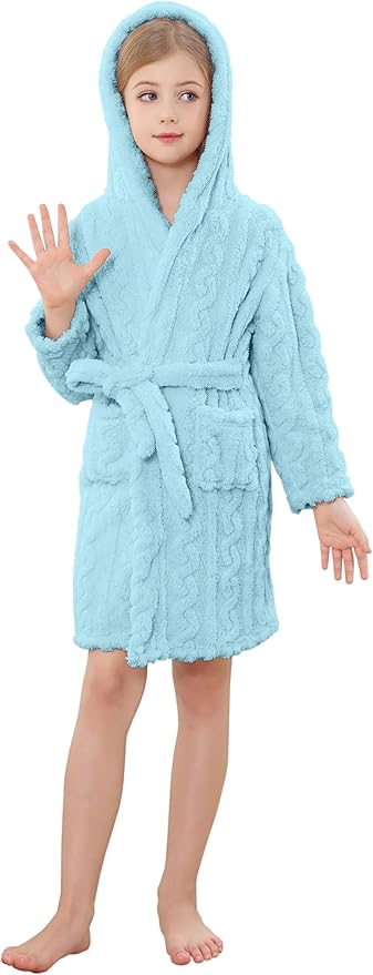 Umeyda Girls & Womens Twist Fleece Robes, Hooded Soft Warm Bath Robe for Kids Womens Fuzzy Bathrobe for Gifts