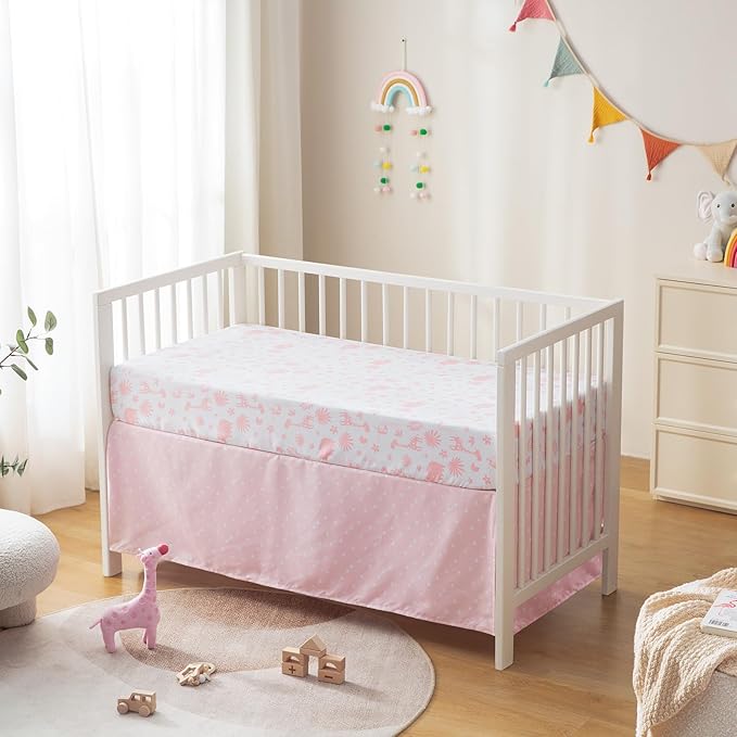 4-Piece Crib Bedding Set for Baby Boys Girls, Infant Toddler Nursery Baby Bedding Sets Includes Cartoon Quilt, Fitted Crib Sheet, Crib Skirt and Plush Giraffe Toy