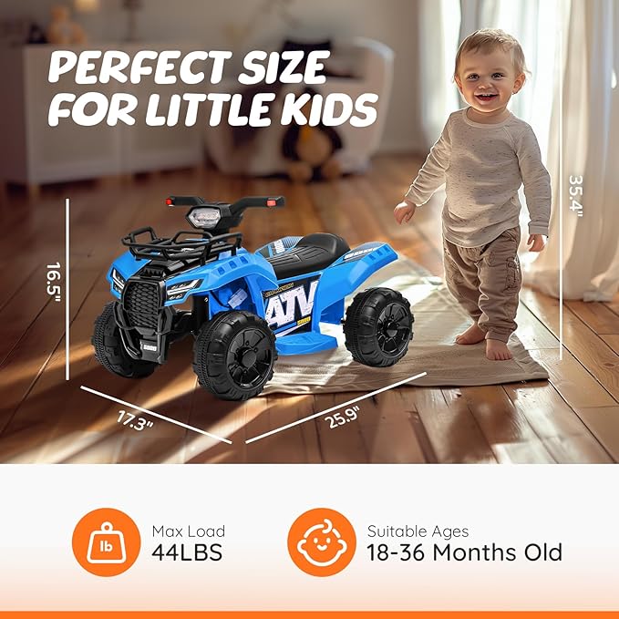 ATV for Kids, 6V Battery Powered Toddler 4 Wheeler w/Music, Light, 1.2mph Max Speed, Kids ATV 4 Wheeler for Toddlers Aged 1.5-3 Years Old, Blue