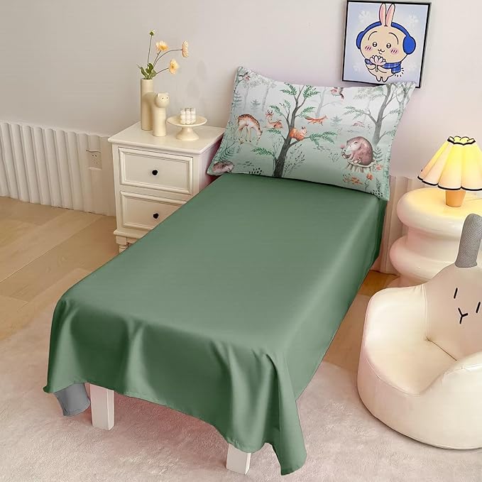 4 Pieces Woodland Animal Toddler Bedding Set, Forest Deer Bear Fox Bed Comforter Set for Boys Girls, Cute Toddler Bed Set Includes Comforter, Flat Sheet, Fitted Sheet and Pillowcase