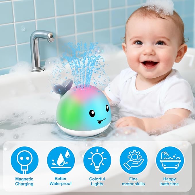 Original Magnetic Charging Whale Bath Toy, Light Up Baby Bath Toys for Kids Ages 1-3, Infant Baby Toy Bathtub Water Toy Sprinkler 1 2 3 Year Boys Girls Gifts Christmas Stocking Stuffers 6-12-18 Months