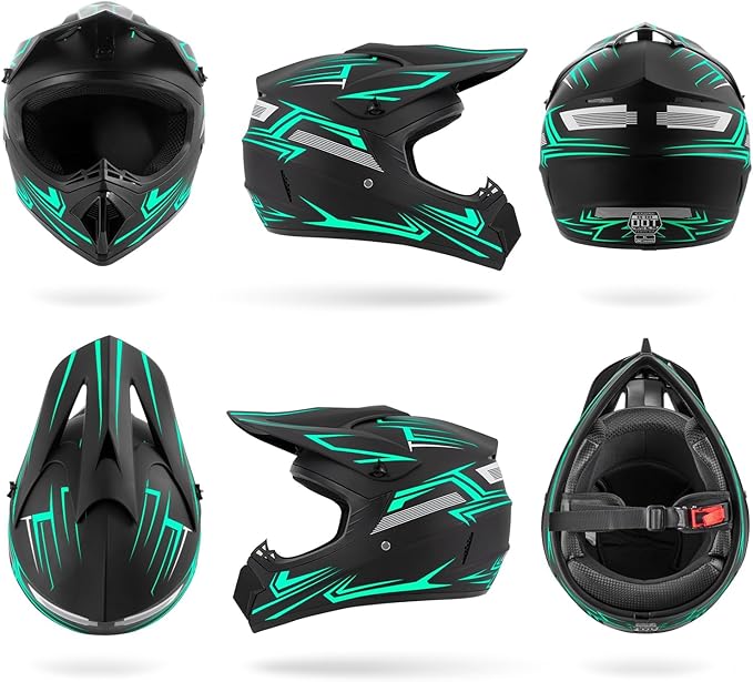 Youth Kids Dirt Bike Motocross Helmet (Goggles Gloves Face Mask) 4PCS Set, DOT Approved Boys Girls Full Face Motorcycle Helmets, ATV BMX MX Mountain Bike Off Road Kid Helmet (Green, L)