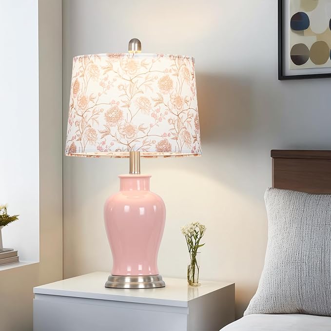 luxeflow Pink Ceramic Table Lamp with Flower Lampshade, 23" Cute Ceramic Bedside Lamp with Ginger Jar Design, Modern Living Room Lamps Set 2, Elegant Bedroom Lamps for Nightstand Desk Side Home Decor